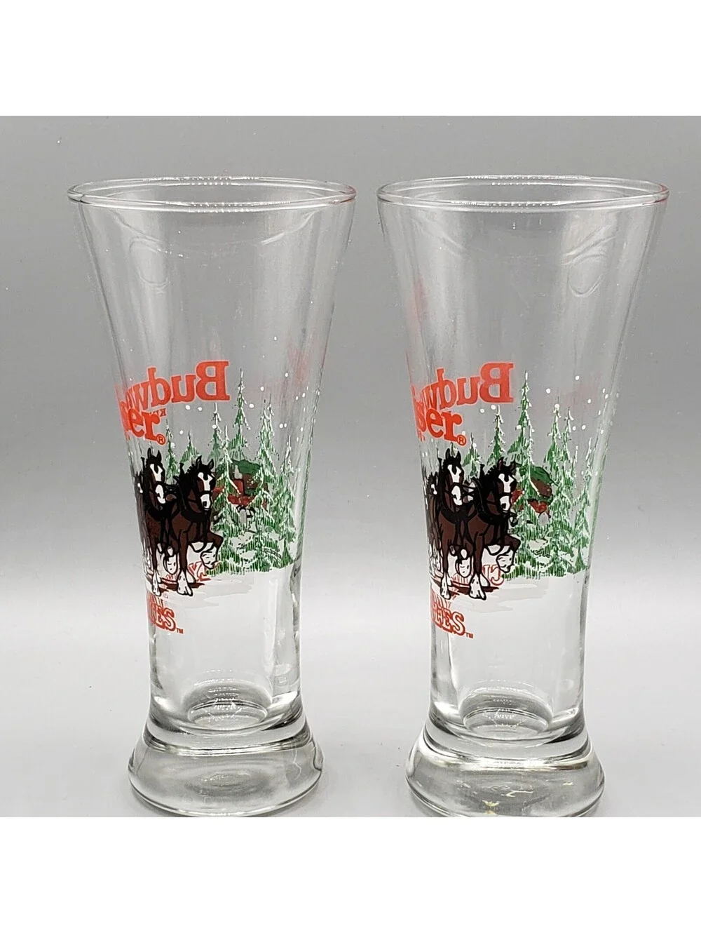 Vintage Budweiser Clydesdales Beer Pilsner Glasses QTY 2 Winter Scene 1988